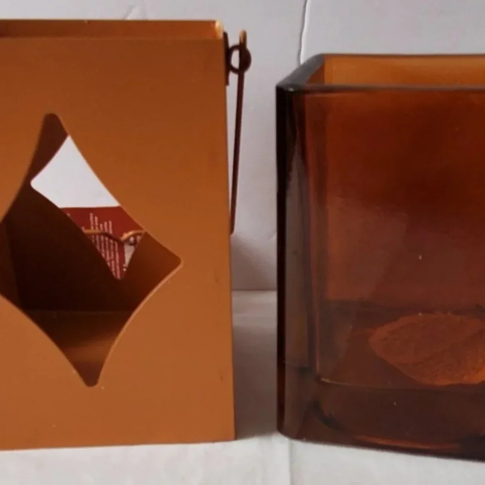 Pier 1 Two Rust Color Metal Candle Holders Glass Insert Lanterns